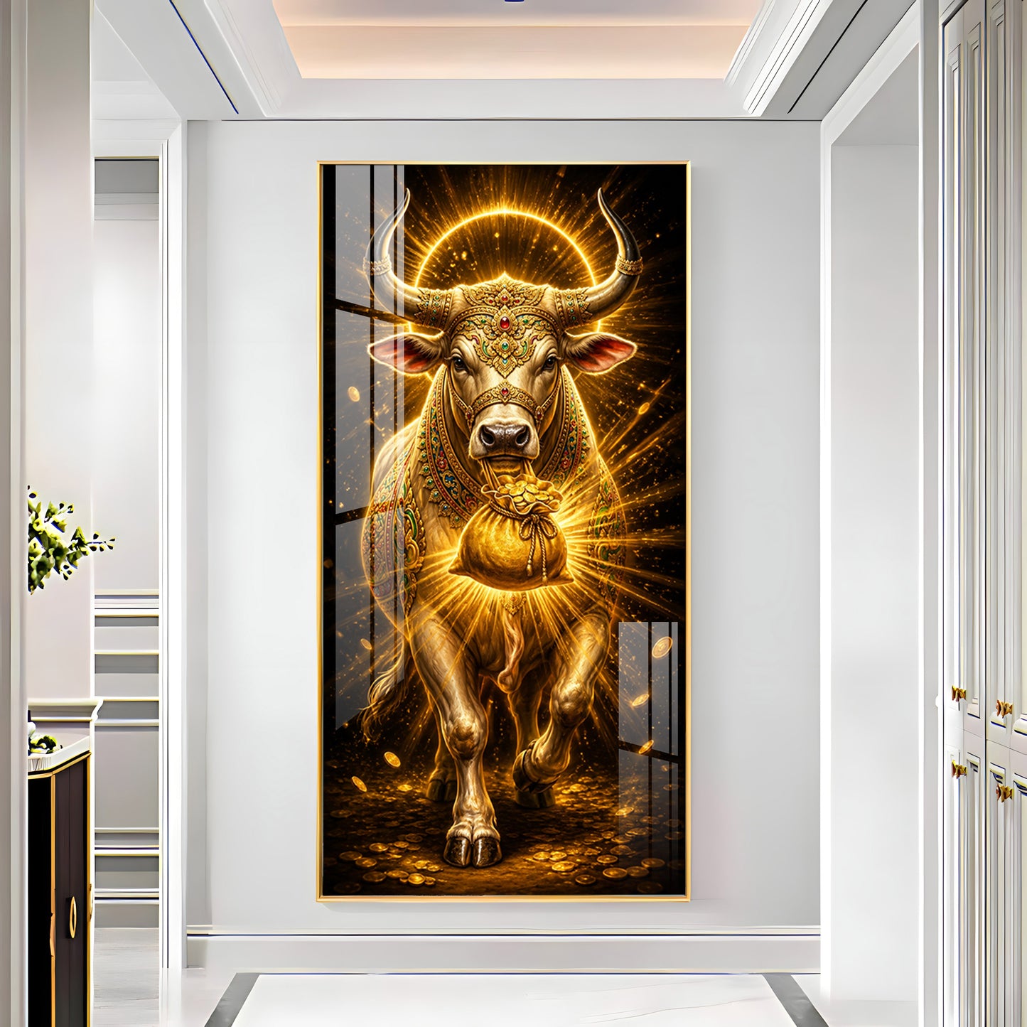 Golden Bull With Bag Of Wealth Premium Acrylic Vertical Wall Art