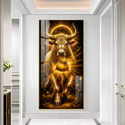 Golden Bull With Bag Of Wealth Premium Acrylic Vertical Wall Art