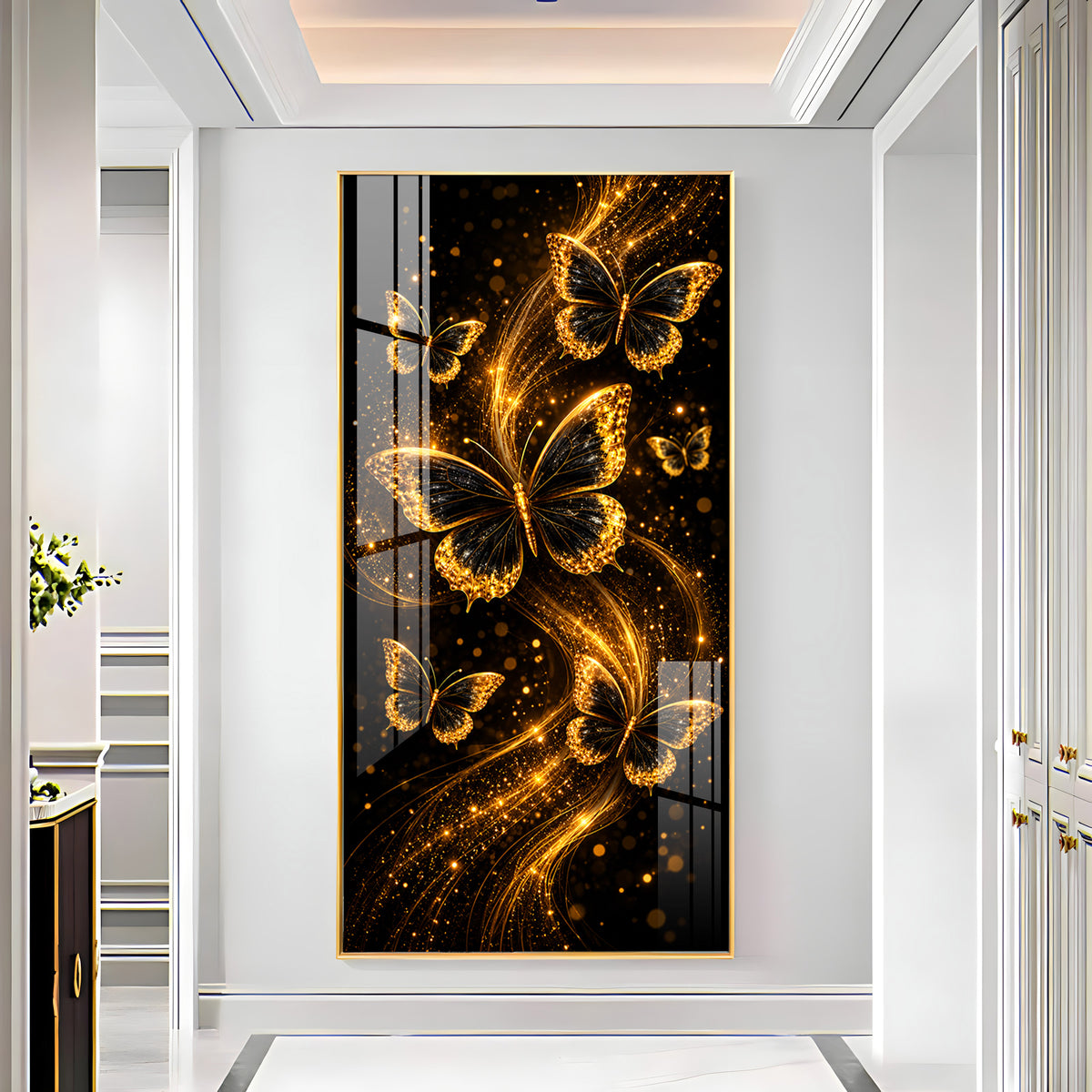 Elegant Golden Sparkle Butterflies Premium Acrylic Vertical Wall Art