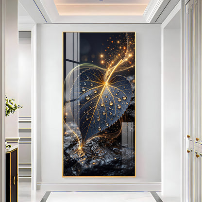 Golden Water Droplet Leaf Premium Acrylic Vertical Wall Art