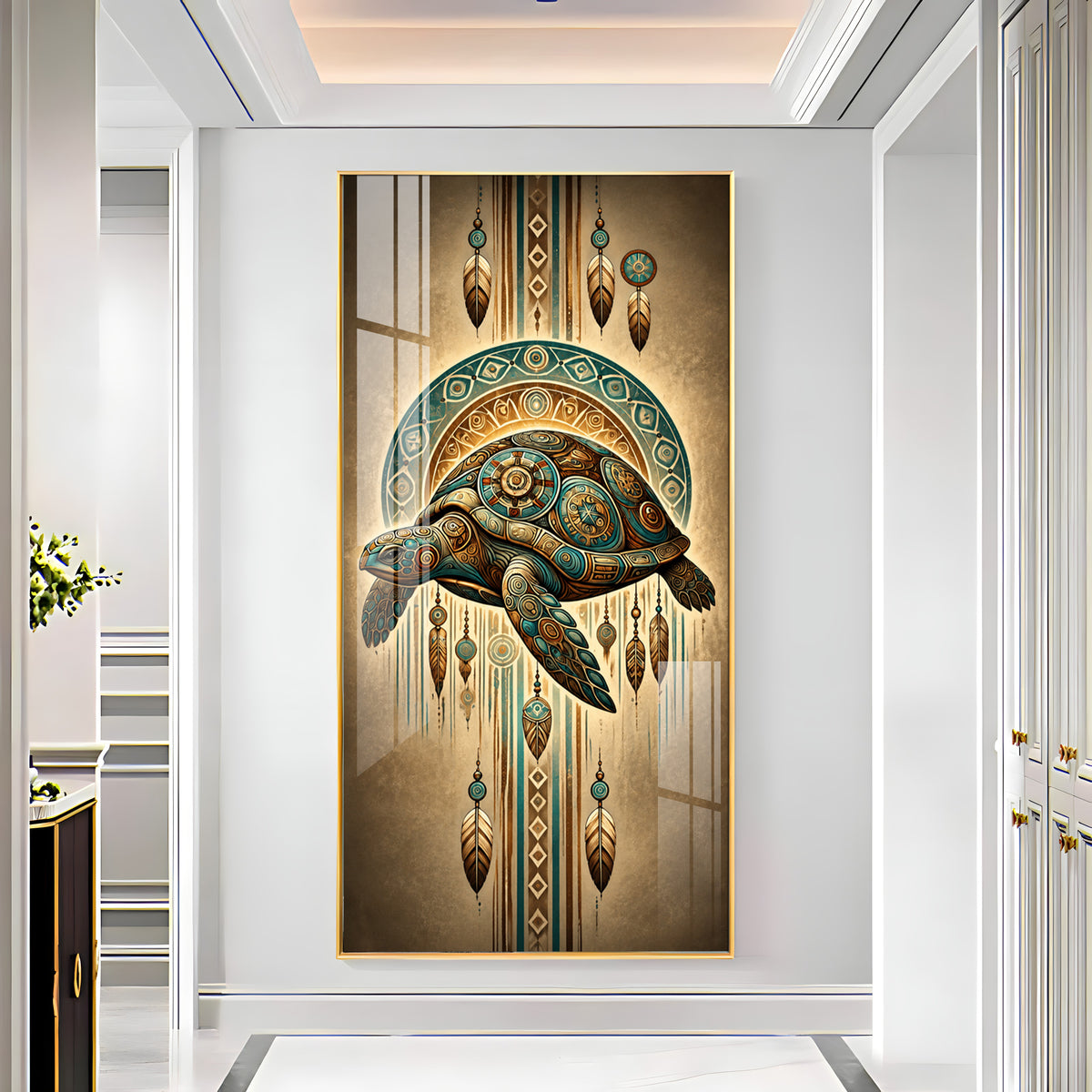Tribal Patterned Sea Turtle & Feathers Premium Acrylic Vertical Wall Art