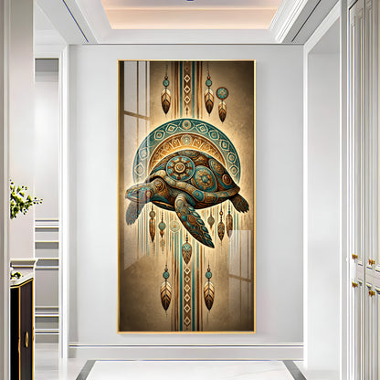 Tribal Patterned Sea Turtle & Feathers Premium Acrylic Vertical Wall Art