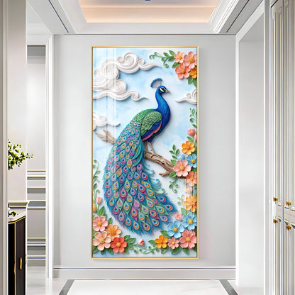 Elegant Pastel Floral Quilling Style Peacock Premium Acrylic Vertical Wall Art