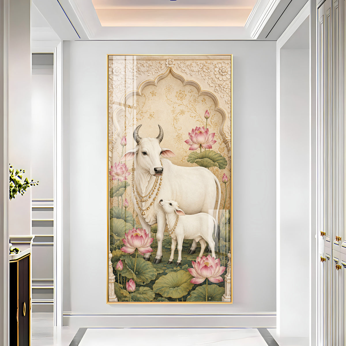 Divine Kamdhenu Cow with Calf Traditional Lotus Premium Acrylic Vertical Wall Art