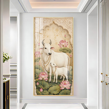 Divine Kamdhenu Cow with Calf Traditional Lotus Premium Acrylic Vertical Wall Art