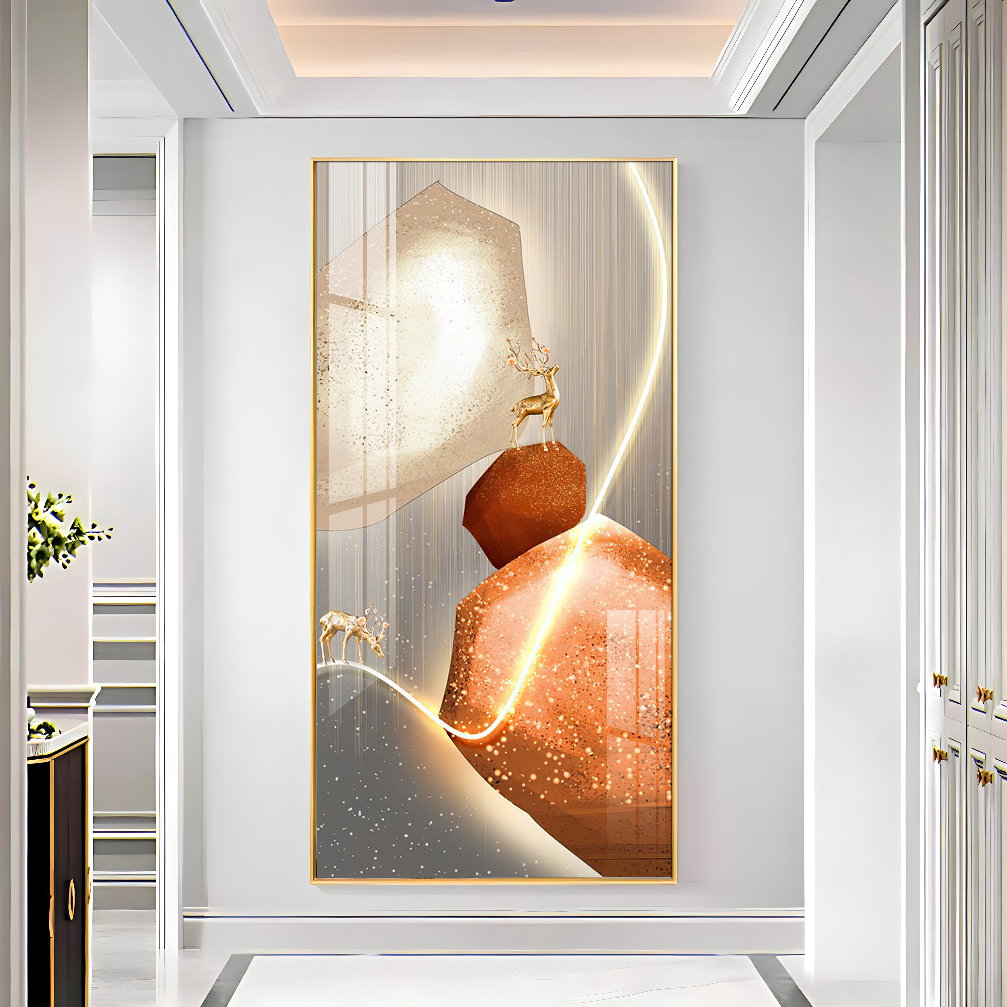 Golden Deer With Orange Rock Premium Acrylic Vertical Wall Art
