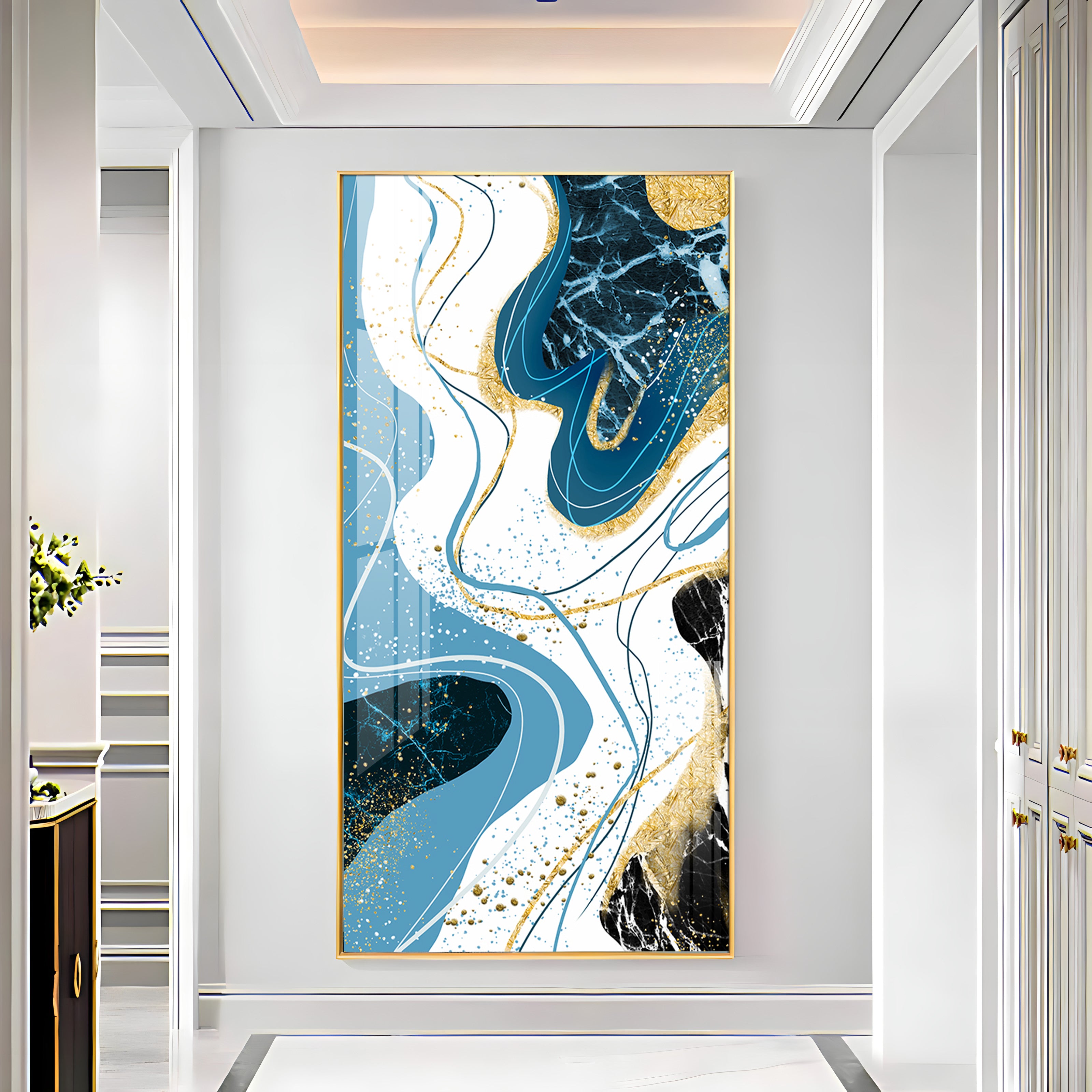 Stylized Fans In Gold & Blue Tones Premium Acrylic Vertical Wall Art