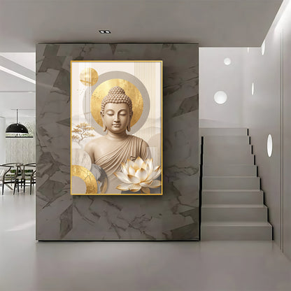 Tranquil Lord Buddha With Golden Halo & Lotus Abstract Premium Acrylic Wall art