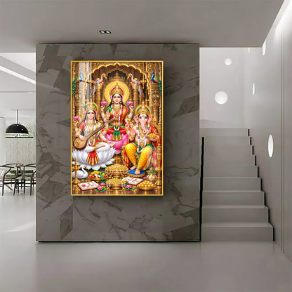Maa Lakshmi, Ganesha and Saraswati Premium Acrylic Vertical Wall Art