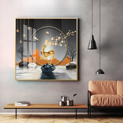 Golden Deer With Elegance Premium Acrylic Square Wall Art