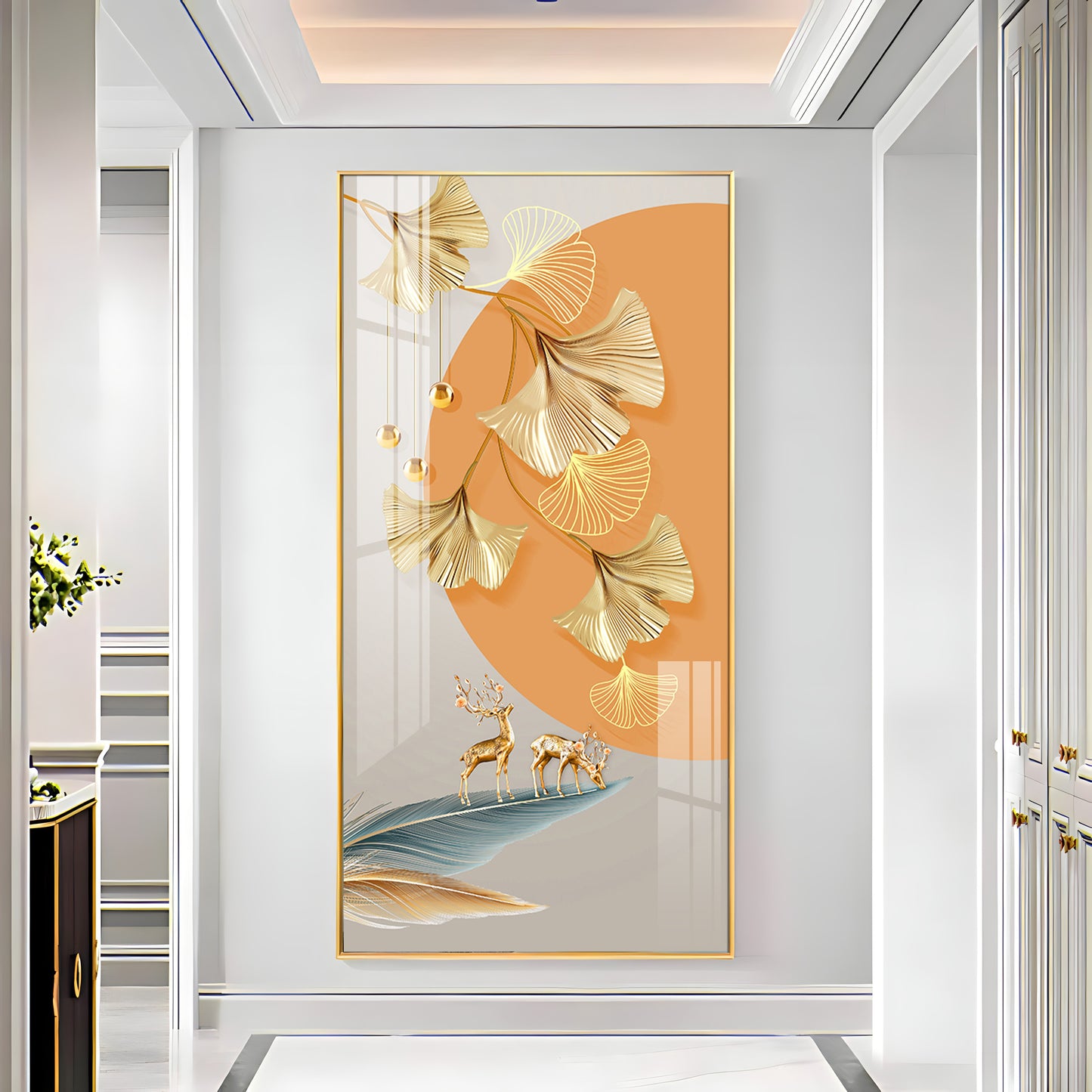 Golden Ginkgo Leaves Deer Premium Acrylic Vertical Wall Art