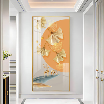 Golden Ginkgo Leaves Deer Premium Acrylic Vertical Wall Art