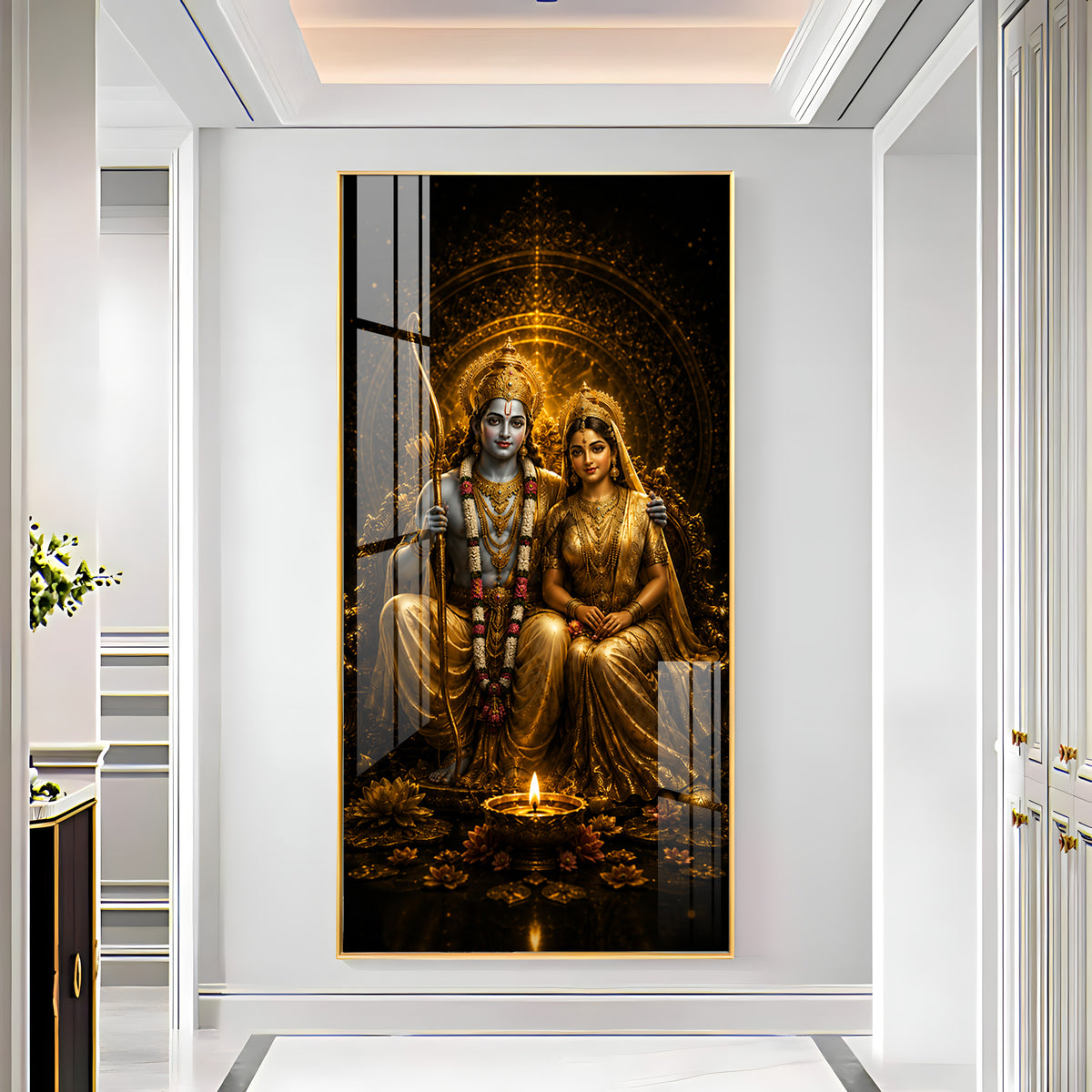 Divine Lord Rama & Sita Golden Premium Acrylic Vertical Wall Art