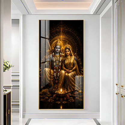Divine Lord Rama & Sita Golden Premium Acrylic Vertical Wall Art