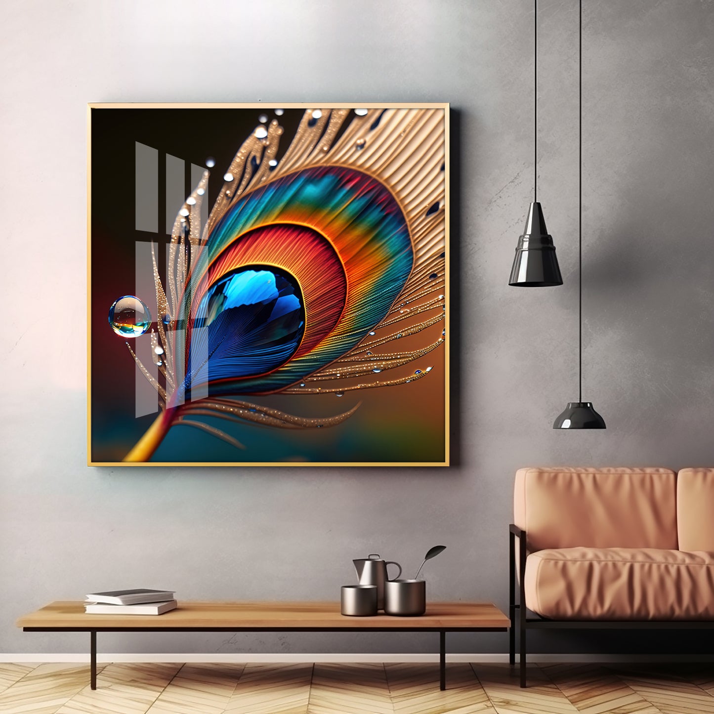 Vibrant Color Peacock Feather Premium Square Vertical Wall Art