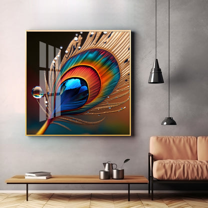 Vibrant Color Peacock Feather Premium Square Vertical Wall Art