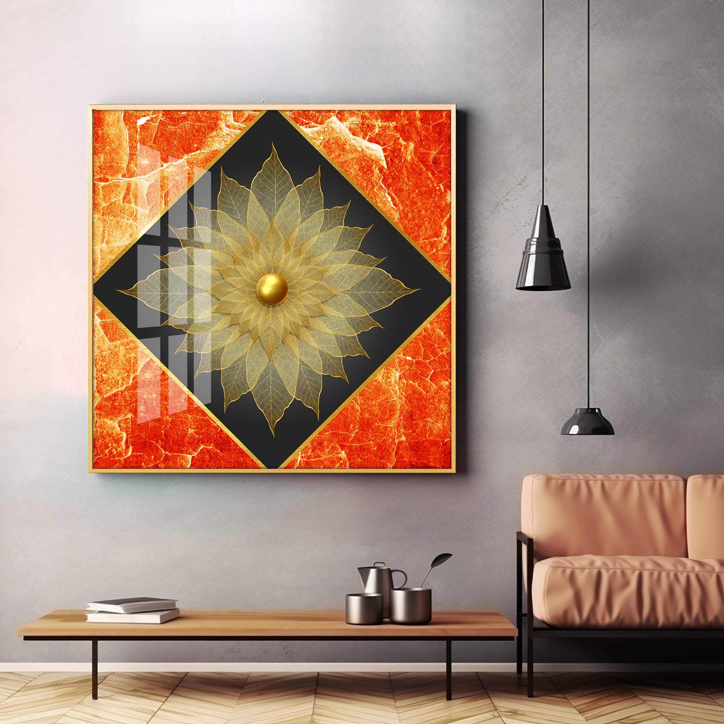 Gold Petal Flower Premium Acrylic Square Wall Art