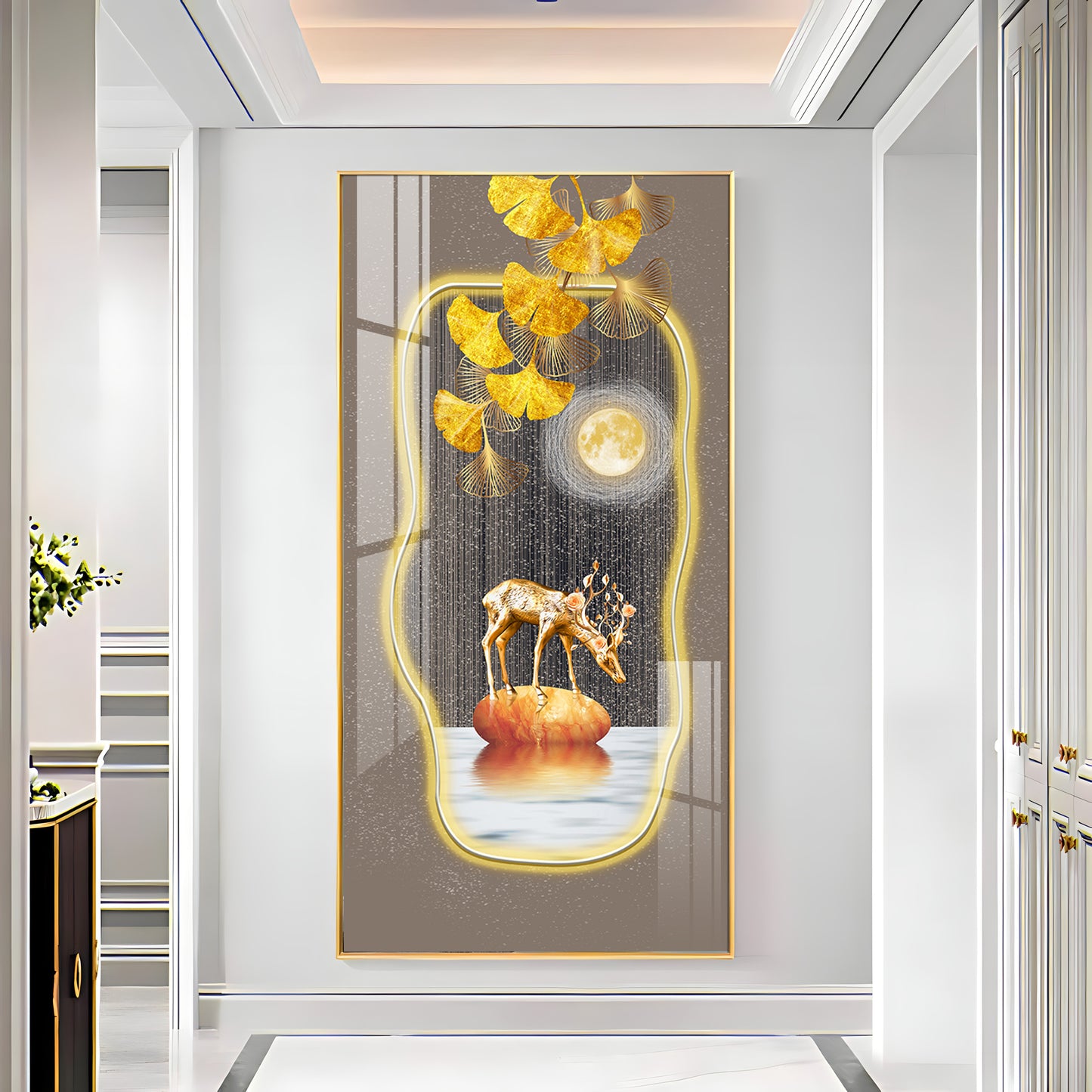 Golden Deer & Gingko Premium Acrylic Vertical Wall Art