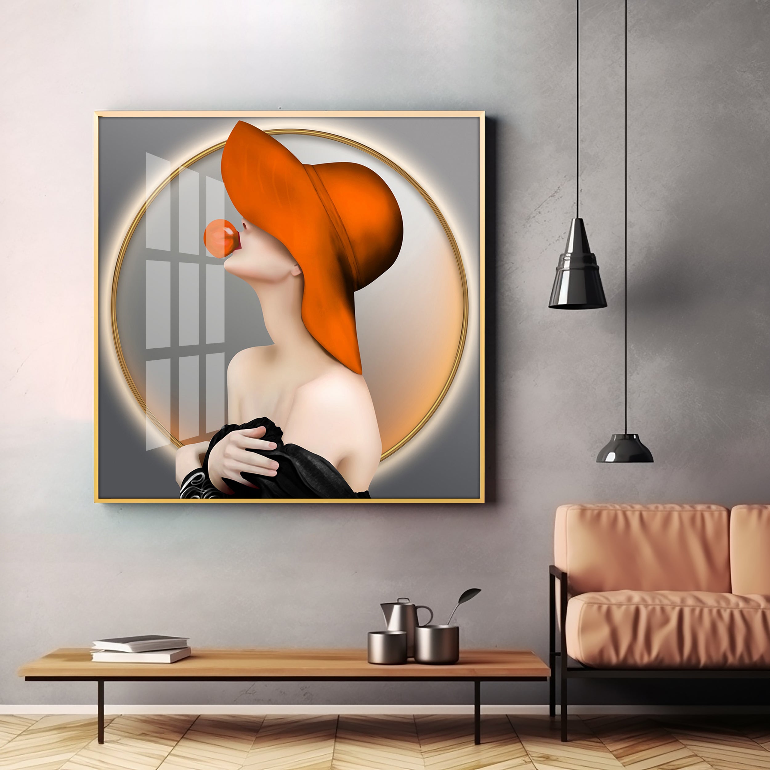 Modern Girl With Hat Premium Acrylic Square Wall Art