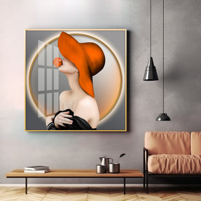 Modern Girl With Hat Premium Acrylic Square Wall Art