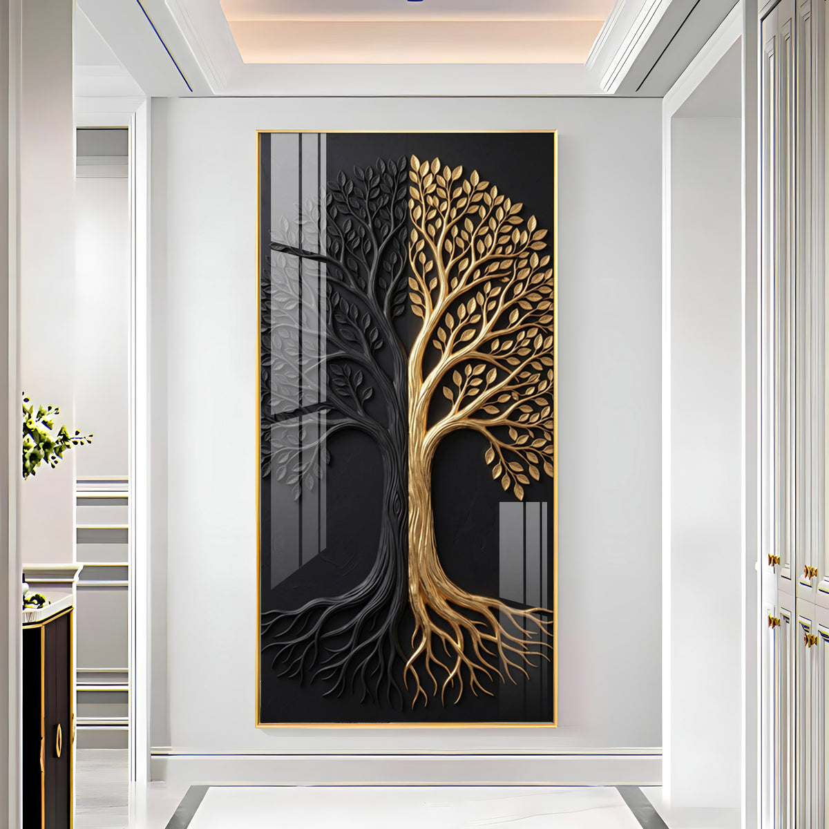 Dual Tone Black and Metallic Gold Tree Premium Acrylic Vertical Wall Art