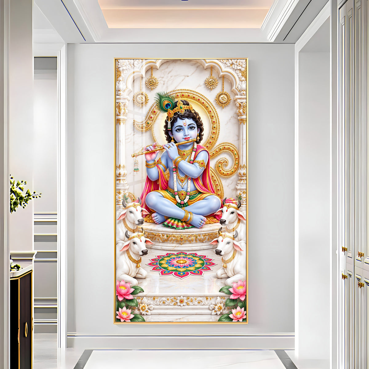 Krishna With White Cows Premium Acrylic Vertical Wall Art