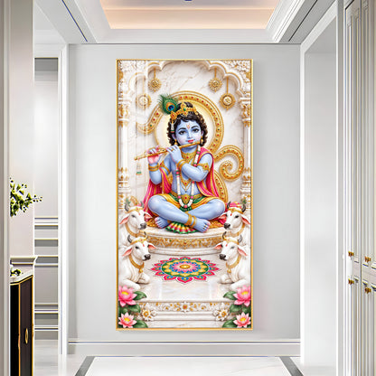 Krishna With White Cows Premium Acrylic Vertical Wall Art