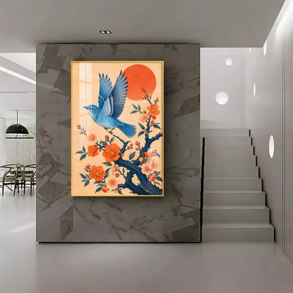 Flying Bluebird & Orange Blossoms Premium Acrylic Vertical Wall Art
