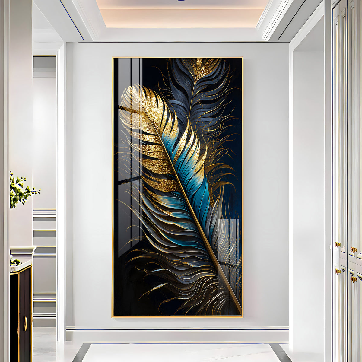 Luxurious Golden & Blue Feathers Premium Acrylic Vertical Wall Art