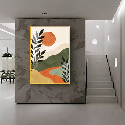 Earth-Toned Mountains & Red Moon Premium Acrylic Vertical Wall Art