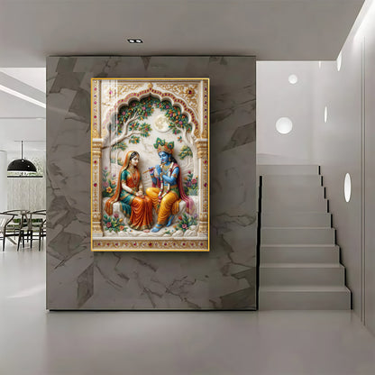 Depiction Of Krishna With Radha Premium Acrylic Vertical Wall Art