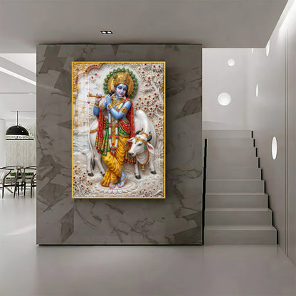 Shri Krishna With Cow Premium Acrylic Vertical Wall Art