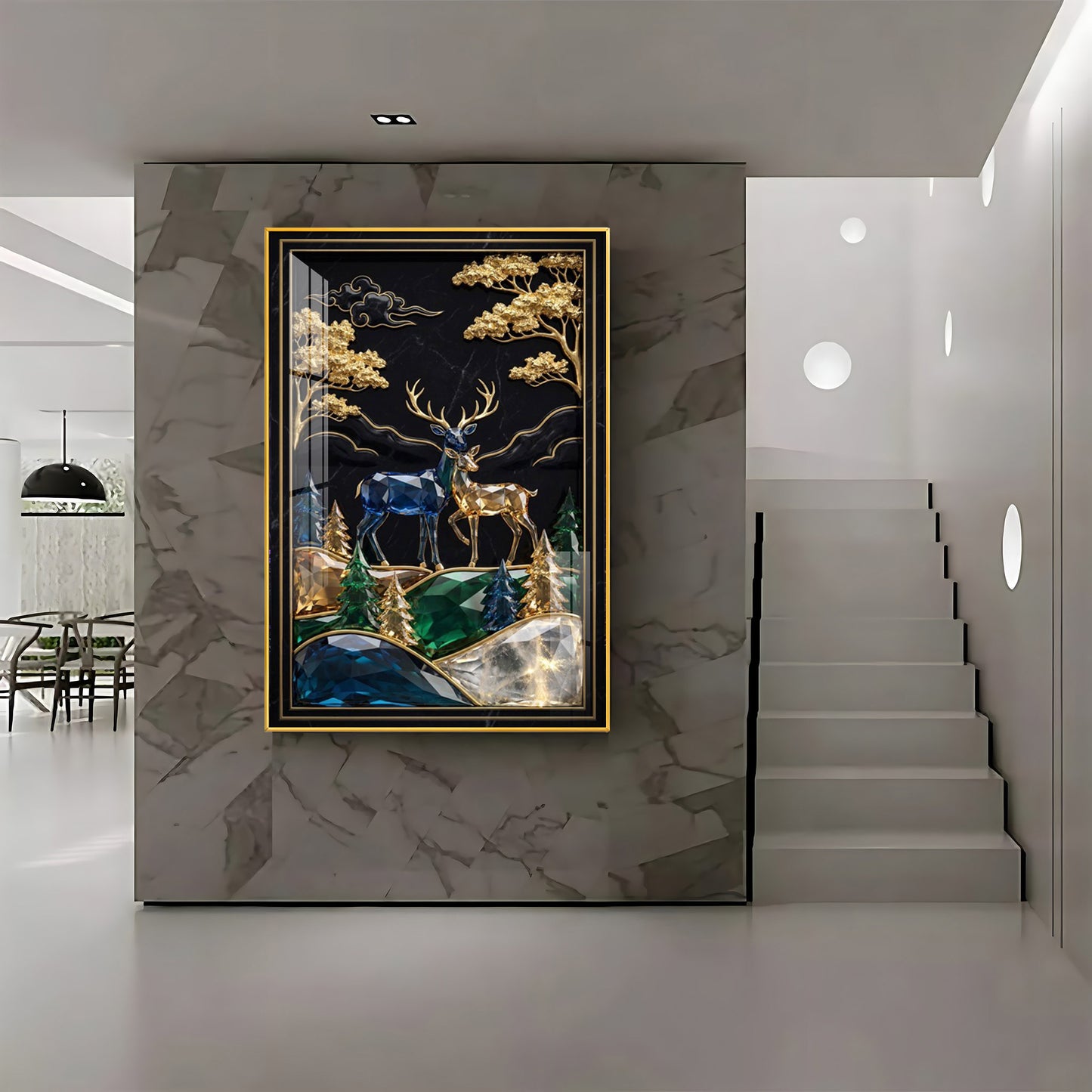 Pair Of Golden & Blue Deer Premium Acrylic Vertical Wall Art