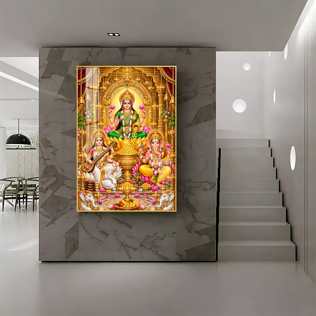 Divine Maa Laxmi, Maa Saraswati & Ganesh Ji Premium Acrylic Vertical Wall Art