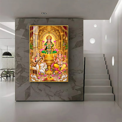 Divine Maa Laxmi, Maa Saraswati & Ganesh Ji Premium Acrylic Vertical Wall Art