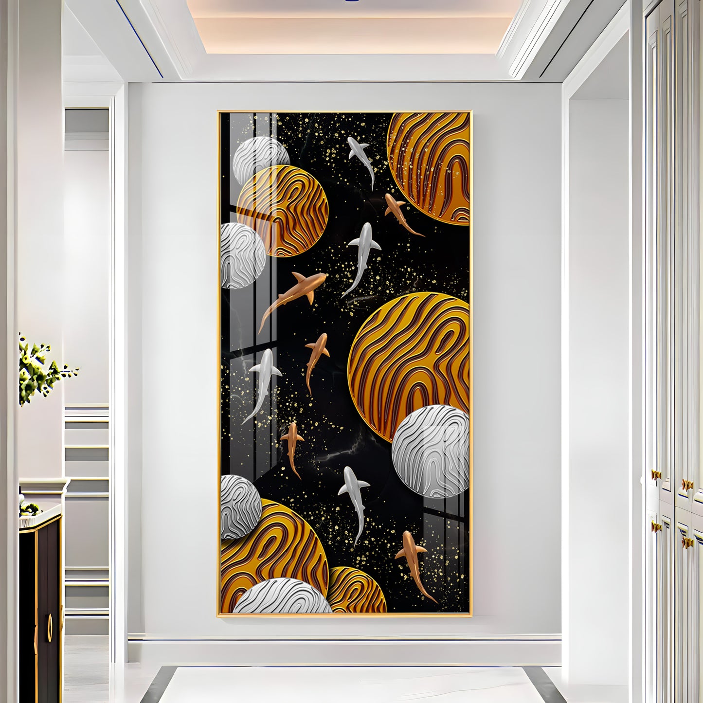 Circular Shapes With Fish Premium Acrylic Vertical Wall Art