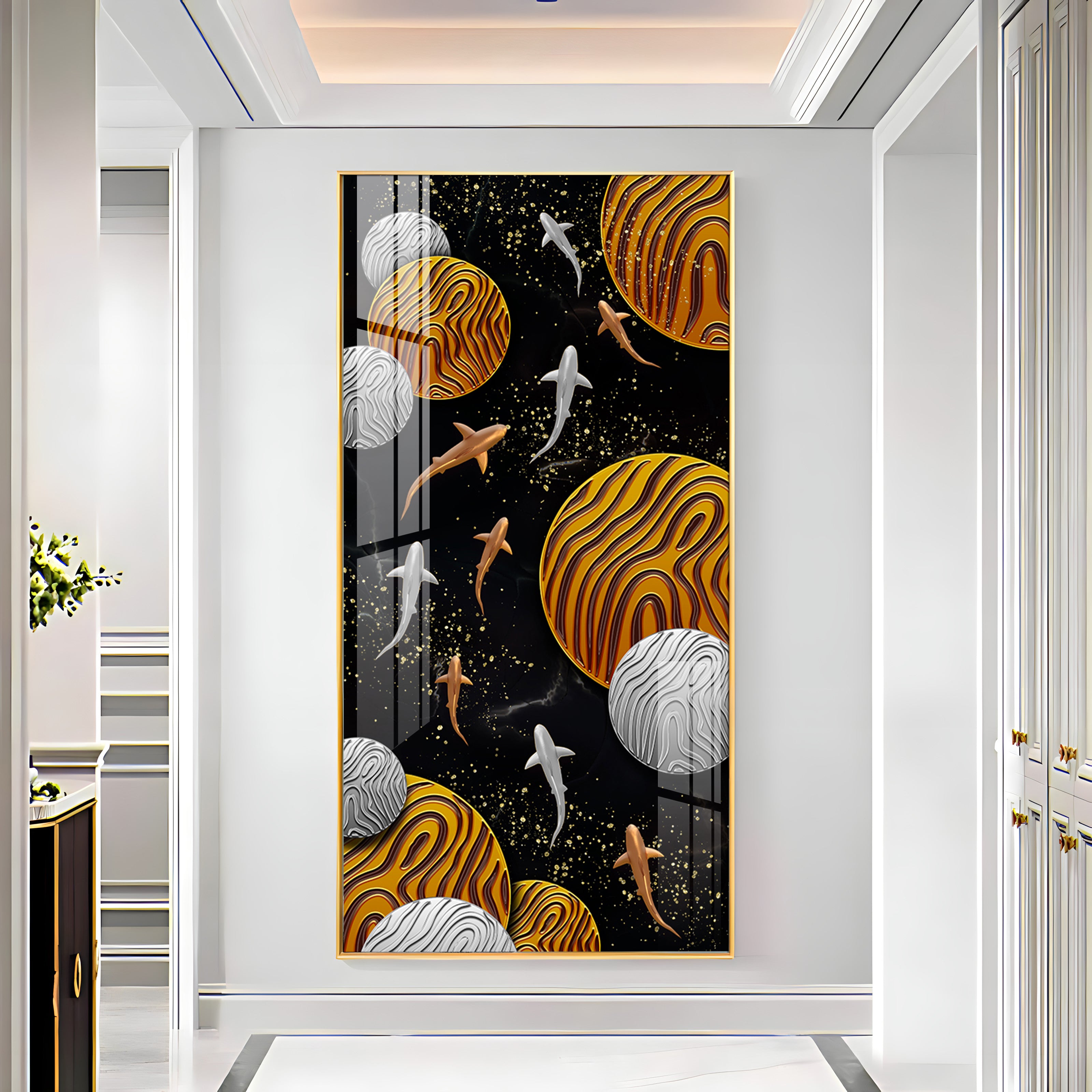 Circular Shapes With Fish Premium Acrylic Vertical Wall Art