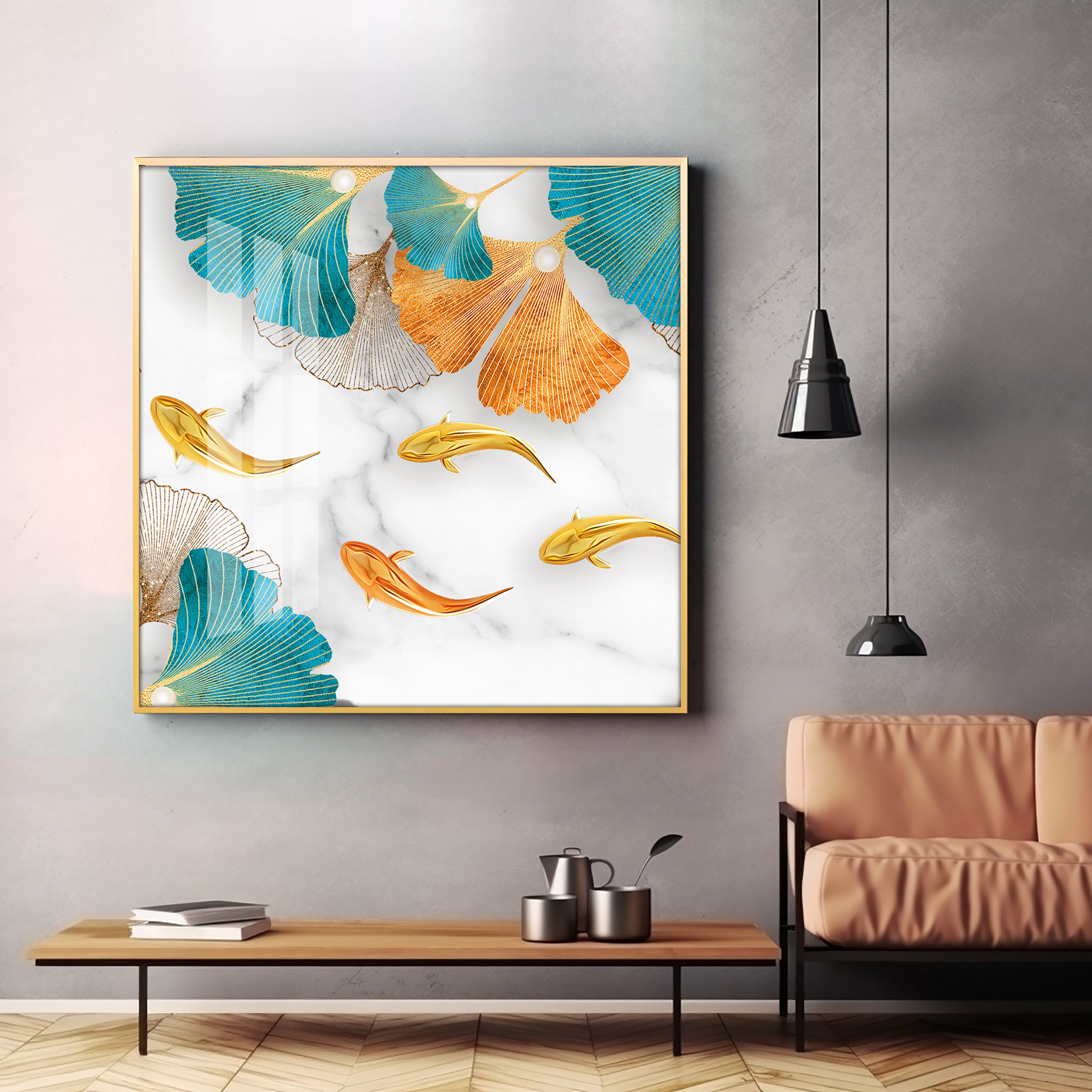 Fishes With Blue & Golden Leaf Premium Acrylic Square Wall Art