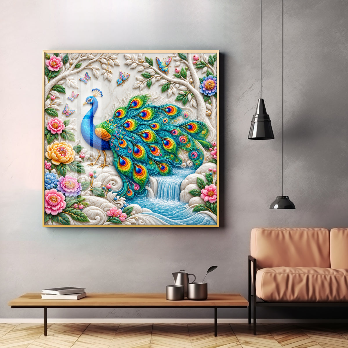 Peacock With Nature Premium Acrylic Square Wall Art
