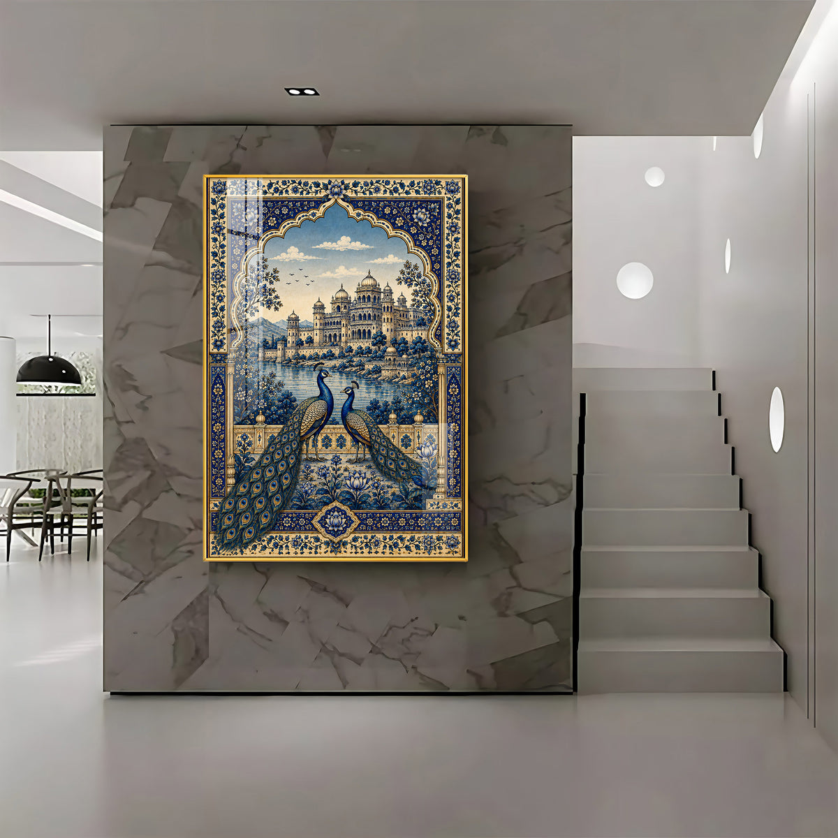 Royal Blue Peacocks & Palace Premium Acrylic Vertical Wall Art