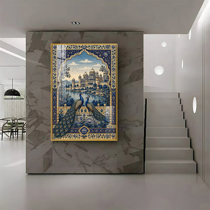 Royal Blue Peacocks & Palace Premium Acrylic Vertical Wall Art