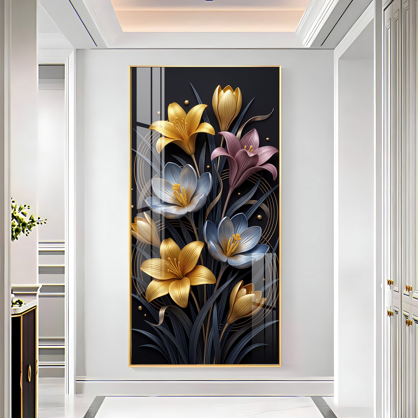 Metallic Floral Bouquet Gold & Blue Lilies Premium Acrylic Vertical Wall Art