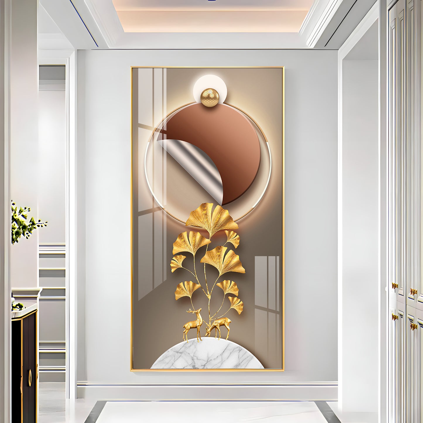 Golden Deer & Ginkgo Leaves Premium Acrylic Vertical Wall Art
