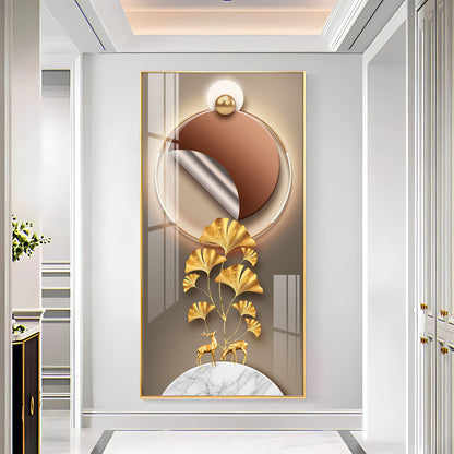 Golden Deer & Ginkgo Leaves Premium Acrylic Vertical Wall Art