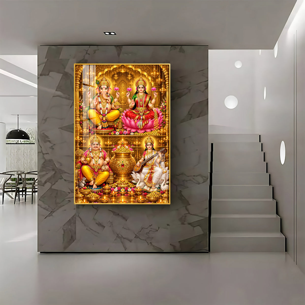 Goddess laxmi, Saraswati, Lord ganesh & Kuber Premium Acrylic Vertical Wall Art