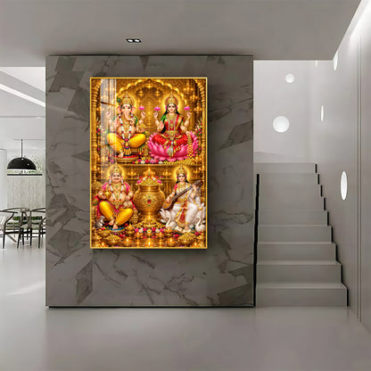 Goddess laxmi, Saraswati, Lord ganesh & Kuber Premium Acrylic Vertical Wall Art