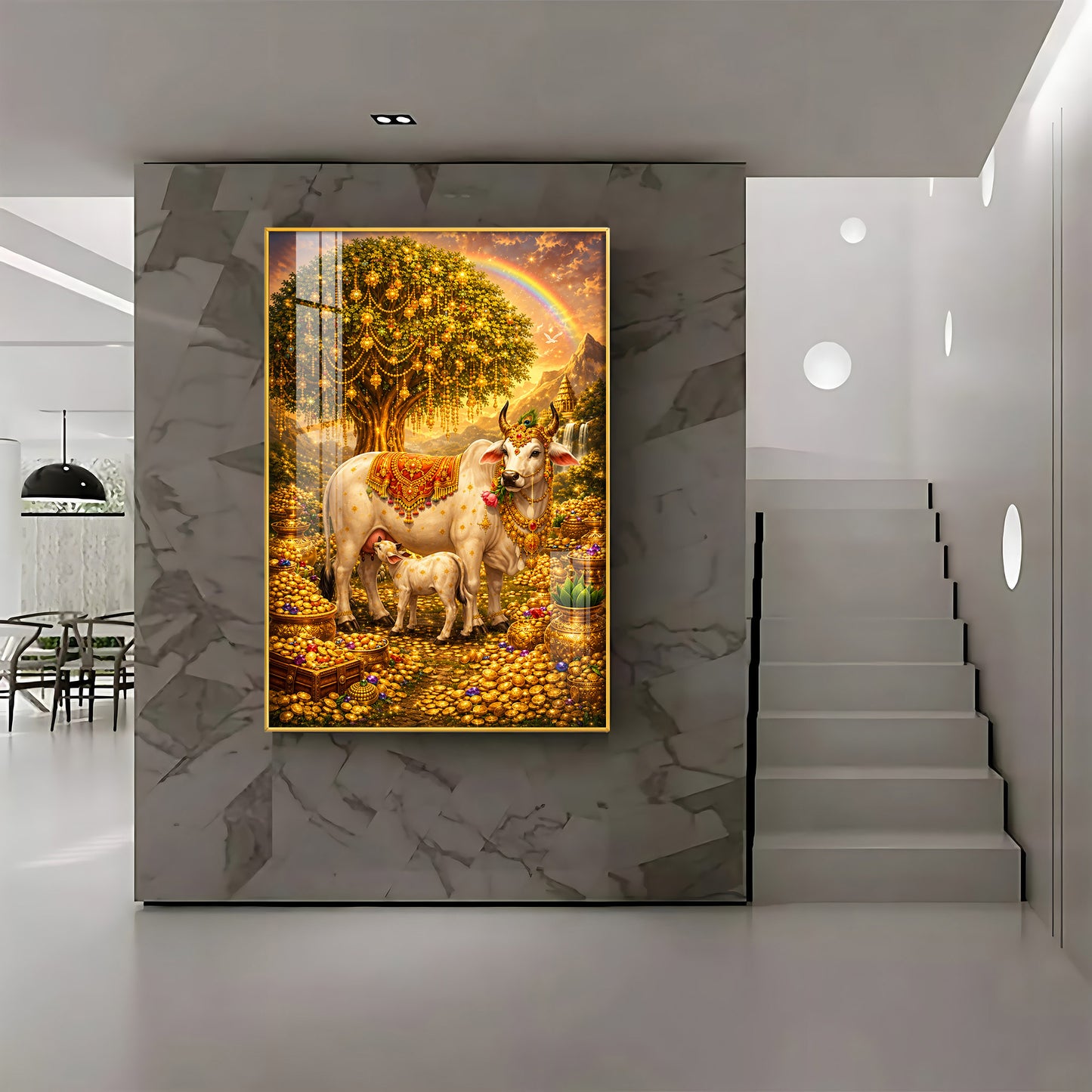 Golden Kamadhenu Wish-Fulfilling Cow Premium Acrylic Vertical Wall Art