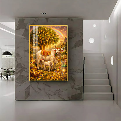 Golden Kamadhenu Wish-Fulfilling Cow Premium Acrylic Vertical Wall Art