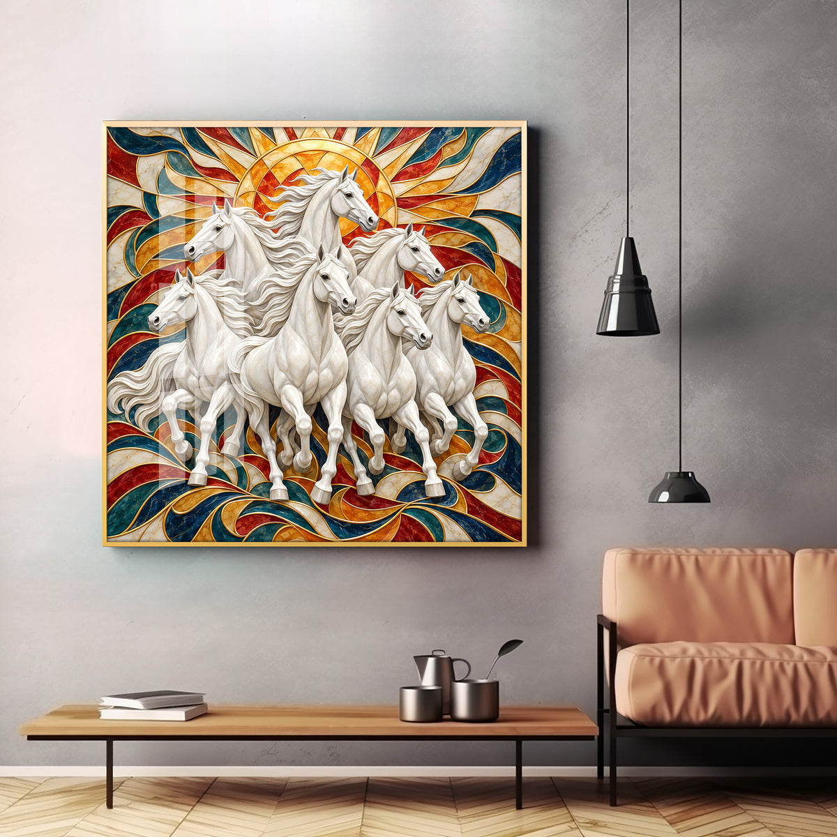 Seven Galloping White Horses Premium Acrylic Square Wall Art
