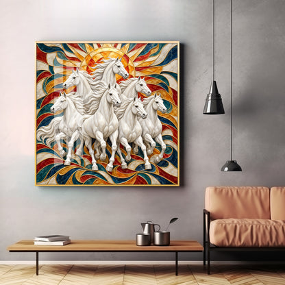Seven Galloping White Horses Premium Acrylic Square Wall Art